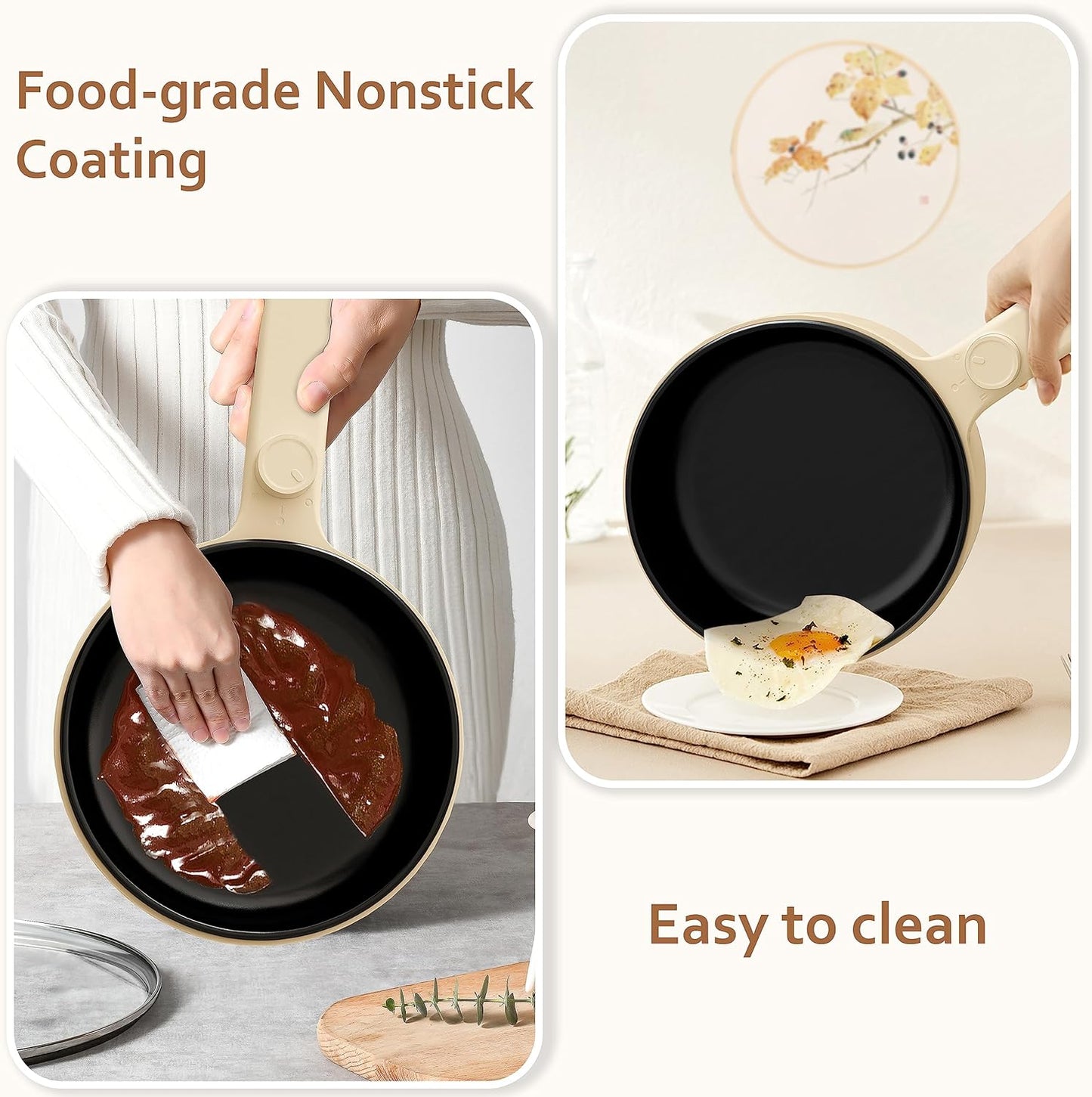 HYTRIC Hot Pot Electric with Steamer, 1.5L Portable Non-stick Frying Pan, Electric Cooker for Steak, Egg, Pasta, Ramen Cooker with Dual Power Control, Electric Pot for Office, Dorm, Camping, Yellow