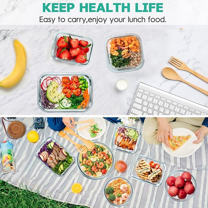34pcs Glass Food Storage Containers with Lids Set, Airtight Glass Meal Prep Containers (17 Containers & 17 Lids), Leak Proof Lunch Containers BPA-Free, Microwave, Oven, Freezer, Dishwasher Safe