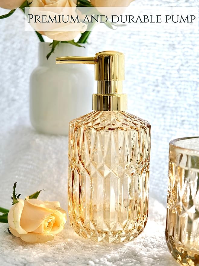 Clear Gold Bathroom Accessorries Set, 5Pcs Glass Bathroom Accessories, Lotion Soap Dispenser, Toothbrush Holder Set, Soap Dish, Tumbler, Qtips Holder for Bathroom Vanity Decor, Yellow Gold