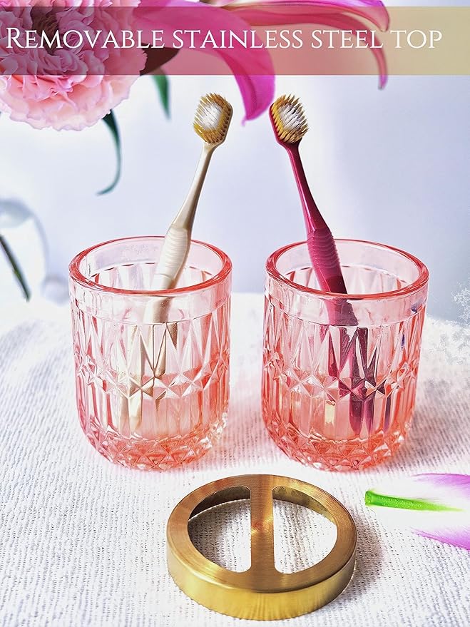 5pcs Clear Glass Bathroom Accessories Set, Crystal Pink Bath Decor with Soap Dispenser, Toothbrush Holder Set, Soap Dish, Tumbler, Qtips Holder, Modern Decor for Bathroom, Vintage Gift Set