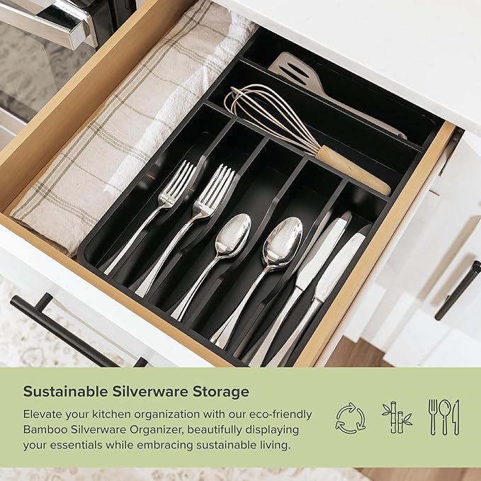 Silverware Organizer - Cutlery, Flatware, and Utensil Holder for Kitchen Drawers, Fixed 10.5” Width, 7 Storage Compartments, Non-Slip Feet, Rounded Corners, 100% Bamboo, Black Finish