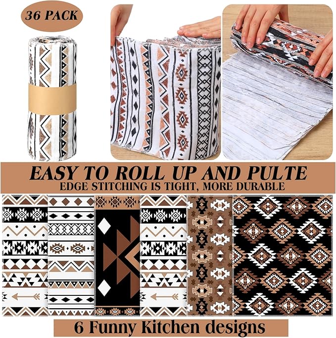 36 Count Reusable Cleaning Cloths Washable Cotton Kitchen Towels (Western Aztec,Brown)