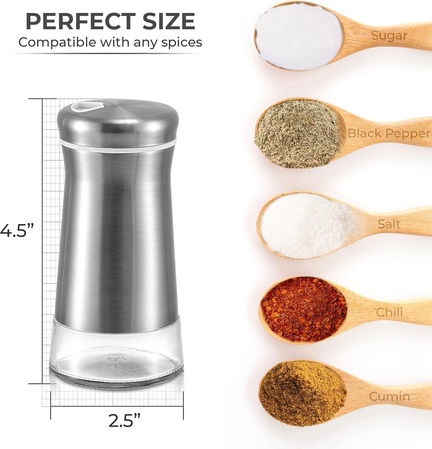 Salt Shaker or Pepper Shaker with Adjustable Pour Holes - Elegant Stainless Steel Spice Dispenser - Perfect for Himalayan, Table Salt, White and Black Pepper (Salt Shaker)