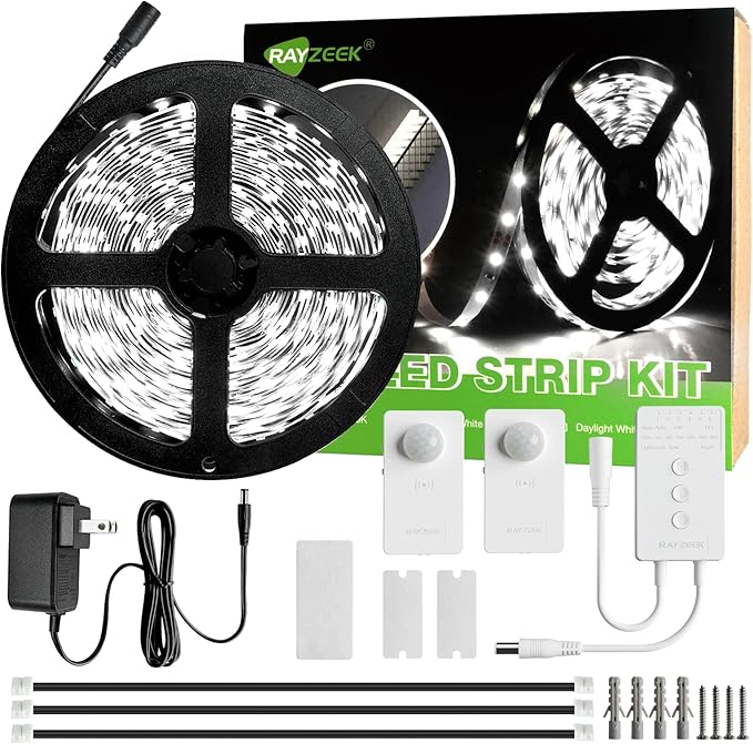 Wireless Motion Activated LED Strip Lights,19.7FT LED Strip Lights with Power Adapter,RF Wireless Motion Sensor Control Dimmer,Timing,Cool White (1×Controller+2×Motion Sensor)