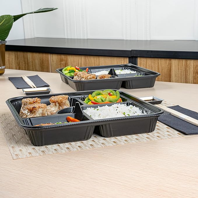 Restaurantware-Bento Tek 39.6 Ounce Meal Prep Containers, 50 Disposable To Go Food Boxes - Lids Sold Separately, 5 Compartments, Black Plastic Bento Lunch Boxes, Microwavable, Freezable