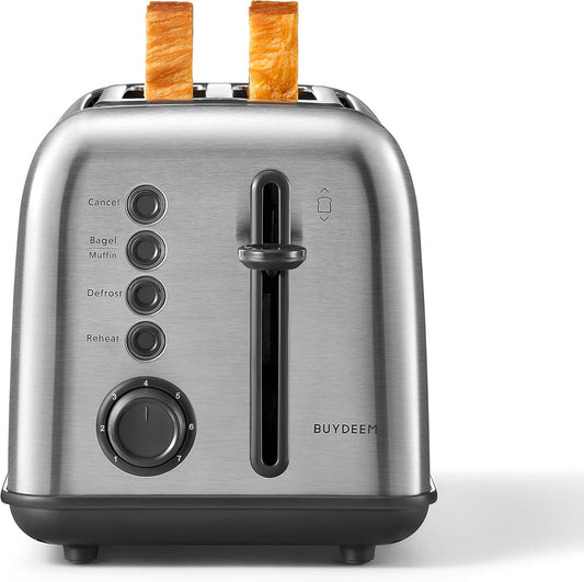 BUYDEEM DT620 2-Slice Toaster, Extra Wide Slots, Retro Stainless Steel with High Lift Lever, Bagel and Muffin Function, Removal Crumb Tray, 7-Shade Settings,Stainless Steel