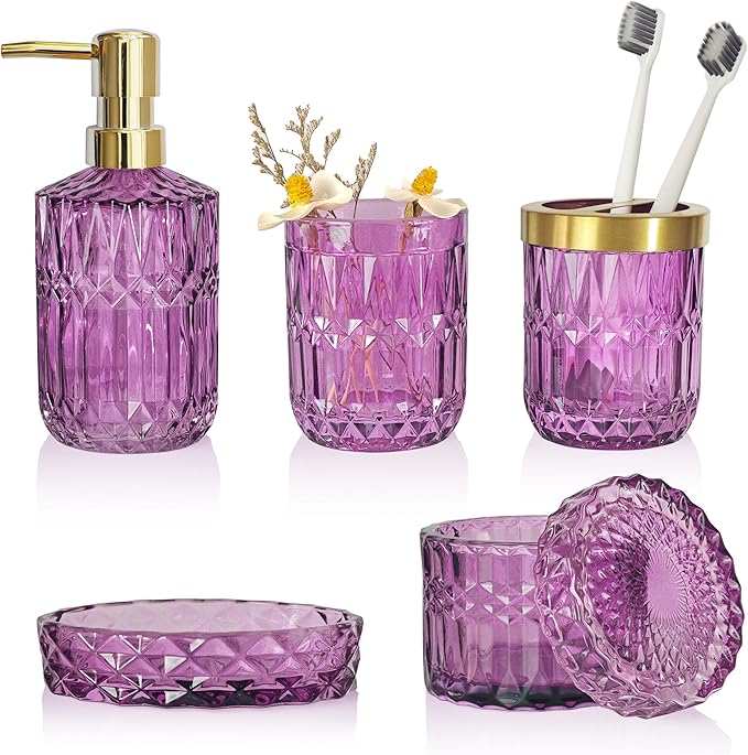 Purple Bathroom Accessories Set, 5Pcs Clear Glass Bathroom Accessories, Crystal Lotion Soap Dispenser, Toothbrush Holder Set, Soap Dish, Qtip Holder, Tumbler for Modern Bathroom Decor