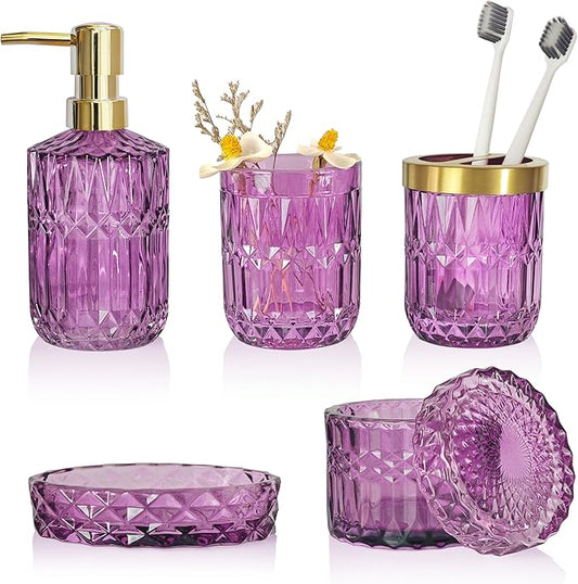 Purple Bathroom Accessories Set, 5Pcs Clear Glass Bathroom Accessories, Crystal Lotion Soap Dispenser, Toothbrush Holder Set, Soap Dish, Qtip Holder, Tumbler for Modern Bathroom Decor