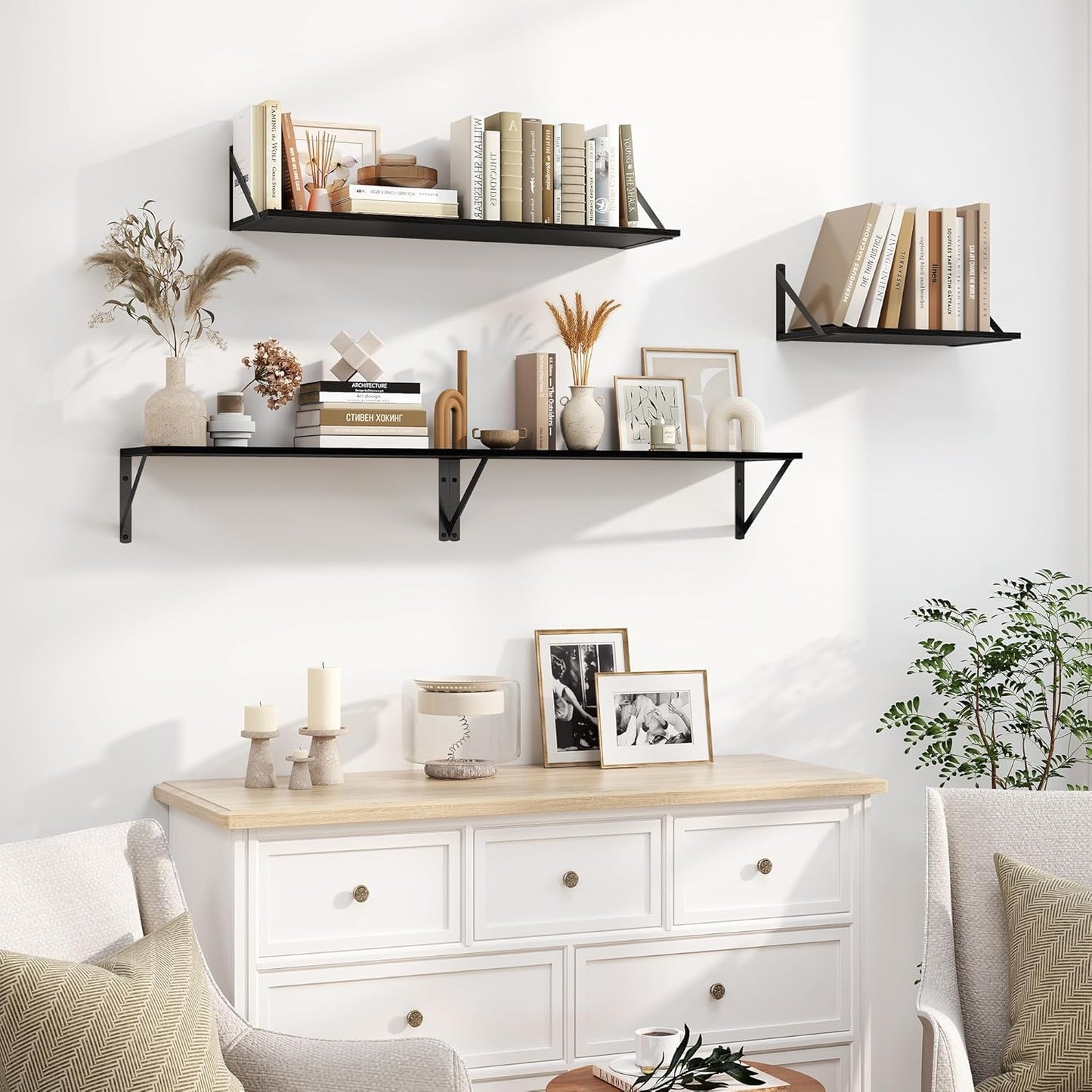 Heimlove Black Deep Floating Shelves for Wall, 24W x 8D Wood Wall Shelves Set of 2, Wide Floating Bookshelf for Living Room, Kitchen, Office, Bedroom and Decor Storage, with Metal Bracket - Black