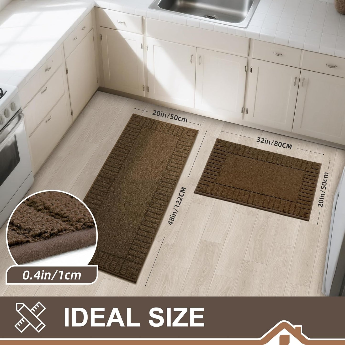 BEQHAUSE Kitchen-Rugs-Washable-Kitchen-Mats-for-Floor Non-Slip Kitchen Mats Set of 2 Absorbent Kitchen Runner Brown with TPR Backing 20x30inch/20x48inch