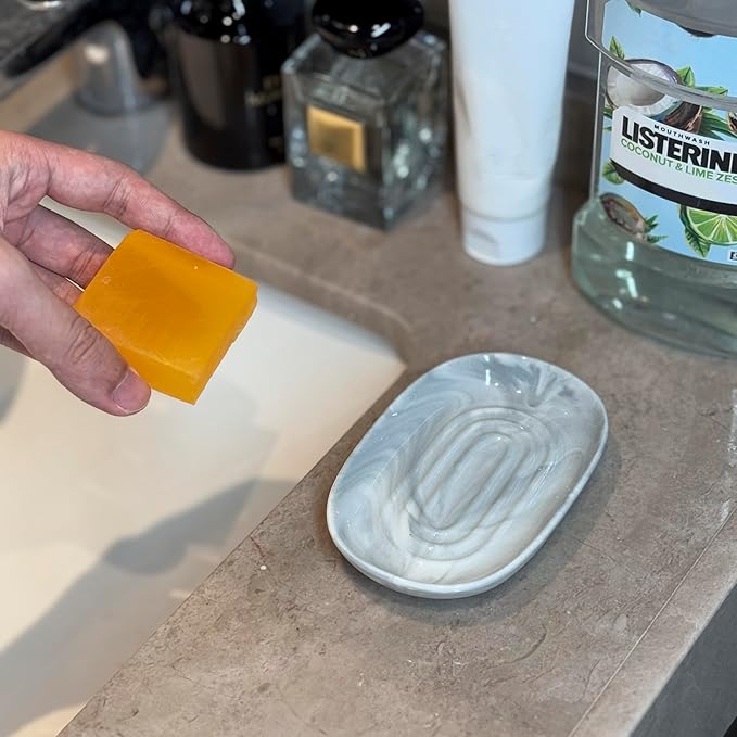 Soap Dish, Ceramic Soap Dish with Marble PatternShower, Soap Saver Tray for Bathroom, Kitchen Sink & Vanity, Multi-Use Holder for Jewelry, Rings, Keys (1 Pack, Grey-White)