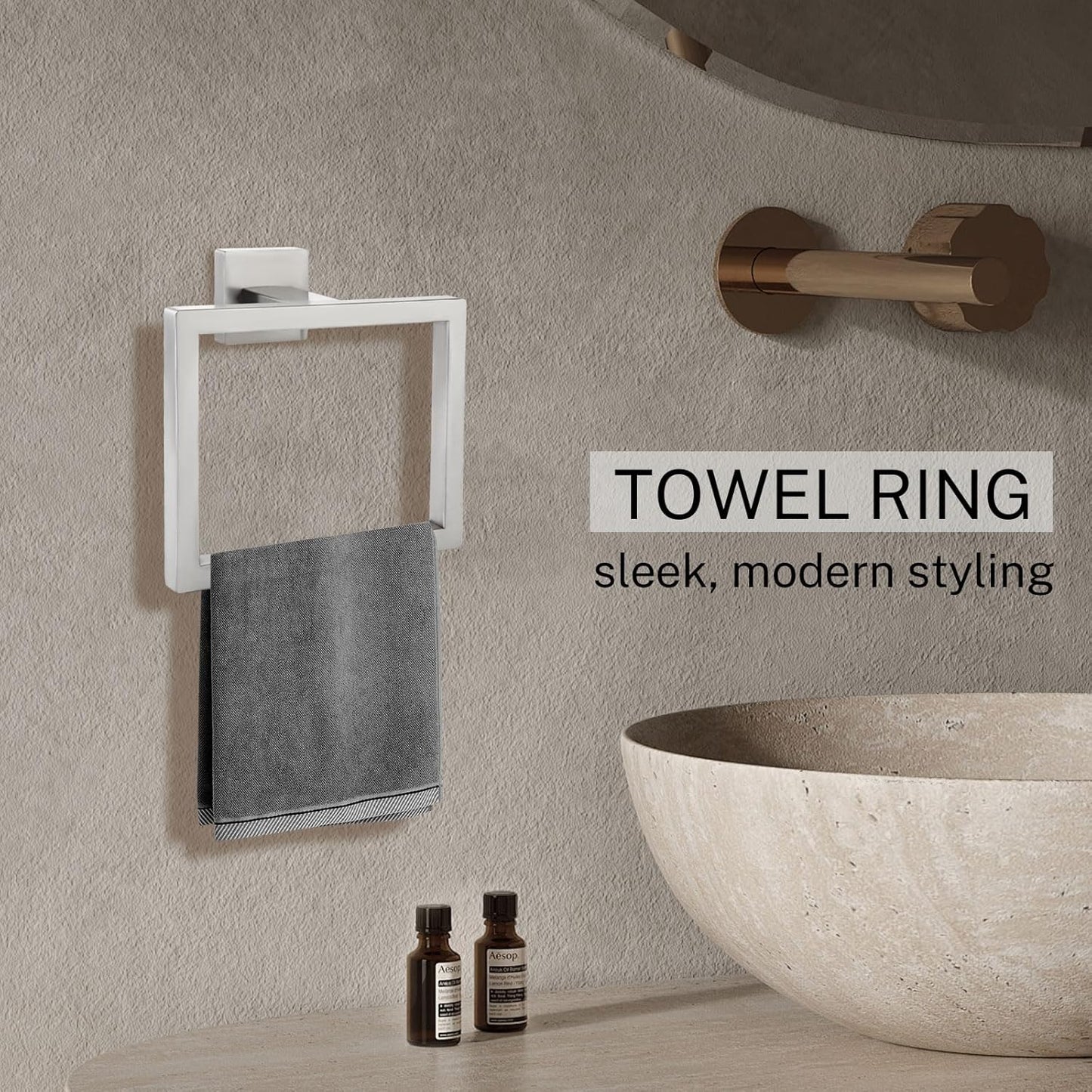 2-Piece Brushed Nickel Square Towel Ring,Modern Hand Towel Holder for Bathroom,SUS304 Stainless Steel Towel Hangers Wall-Mounted
