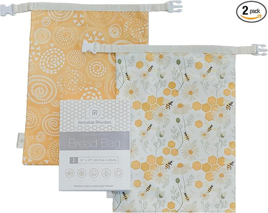 Reusable Beeswax Bread Bag 2 Pack –12x17 Bread Bag for Homemade Sourdough, Beeswax Coated Organic Cotton Storage Bag for Loaf Baguette, Freezer Safe, Eco-Friendly Wrap Honeybee