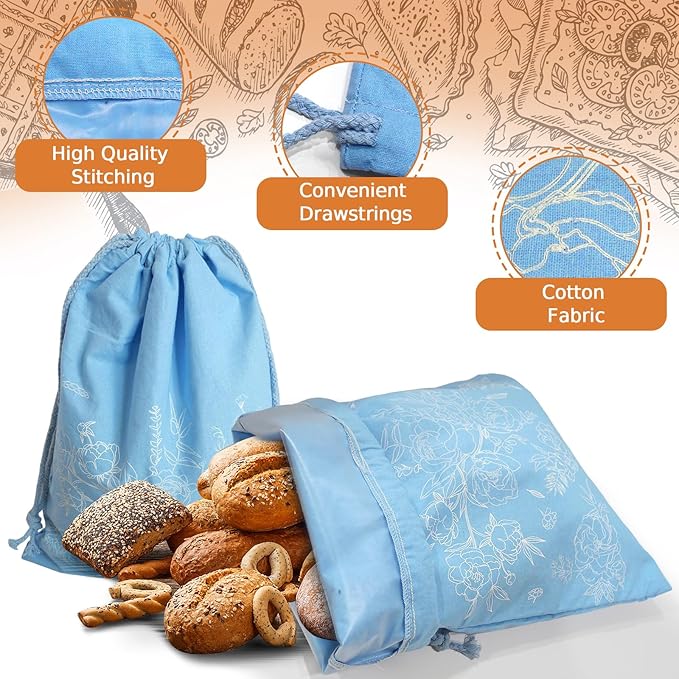 2 Pack Sourdough Bread Bags with Foodgrade TPU Lining, Linen Bread Bags for Homemade Breads, 16x12" Reusable Canvas Breads Bag with Drawstring Natural Large Storage for Fresh Keeping Loaf