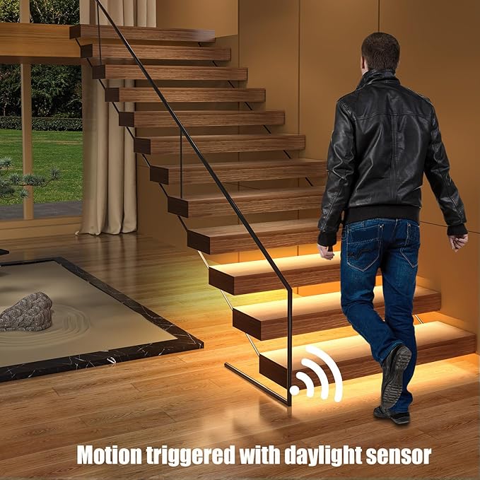 RW-5630 Motion-Activated LED Stair Lighting Kit with Daylight Sensor, 48" Warm White 3000K Cuttable Strip Light for Indoor LED Stair Lights (18 Steps)