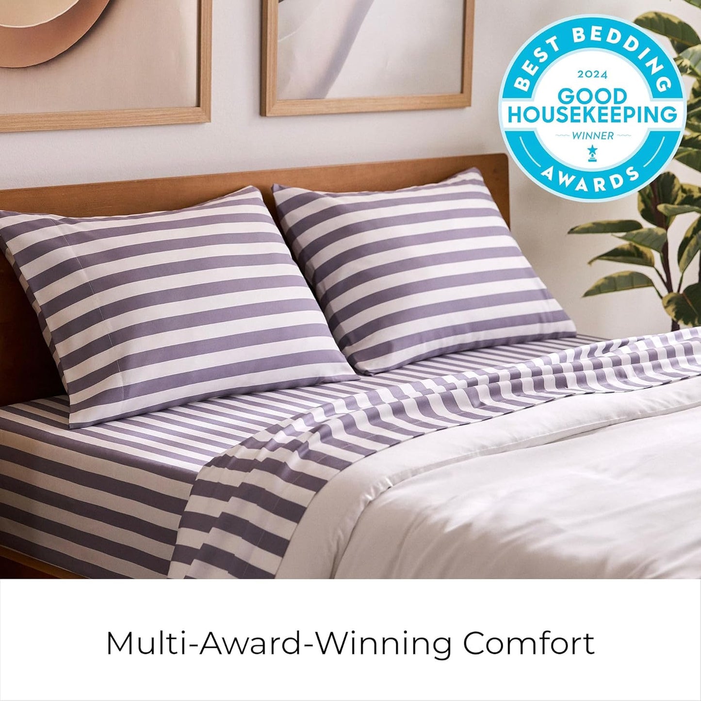 Mellanni Queen Sheets Set - 4 PC Iconic Collection Bedding - Hotel Luxury, Extra Soft, Cooling Bed Sheets - Wrinkle, Fade, Stain Resistant (Queen, Oxford Stripe Hazy Lilac)