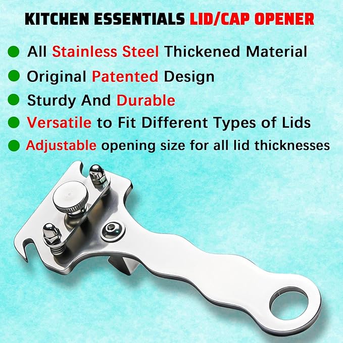 Adjustable Jar Opener Multi-Function Vacuum Can Key Lid & Bottle Cap Opener Tool for Seniors Mason Jar Openers No Lid Dents or Damage - All Stainless Steel Thickened Material, Made For Lifetime