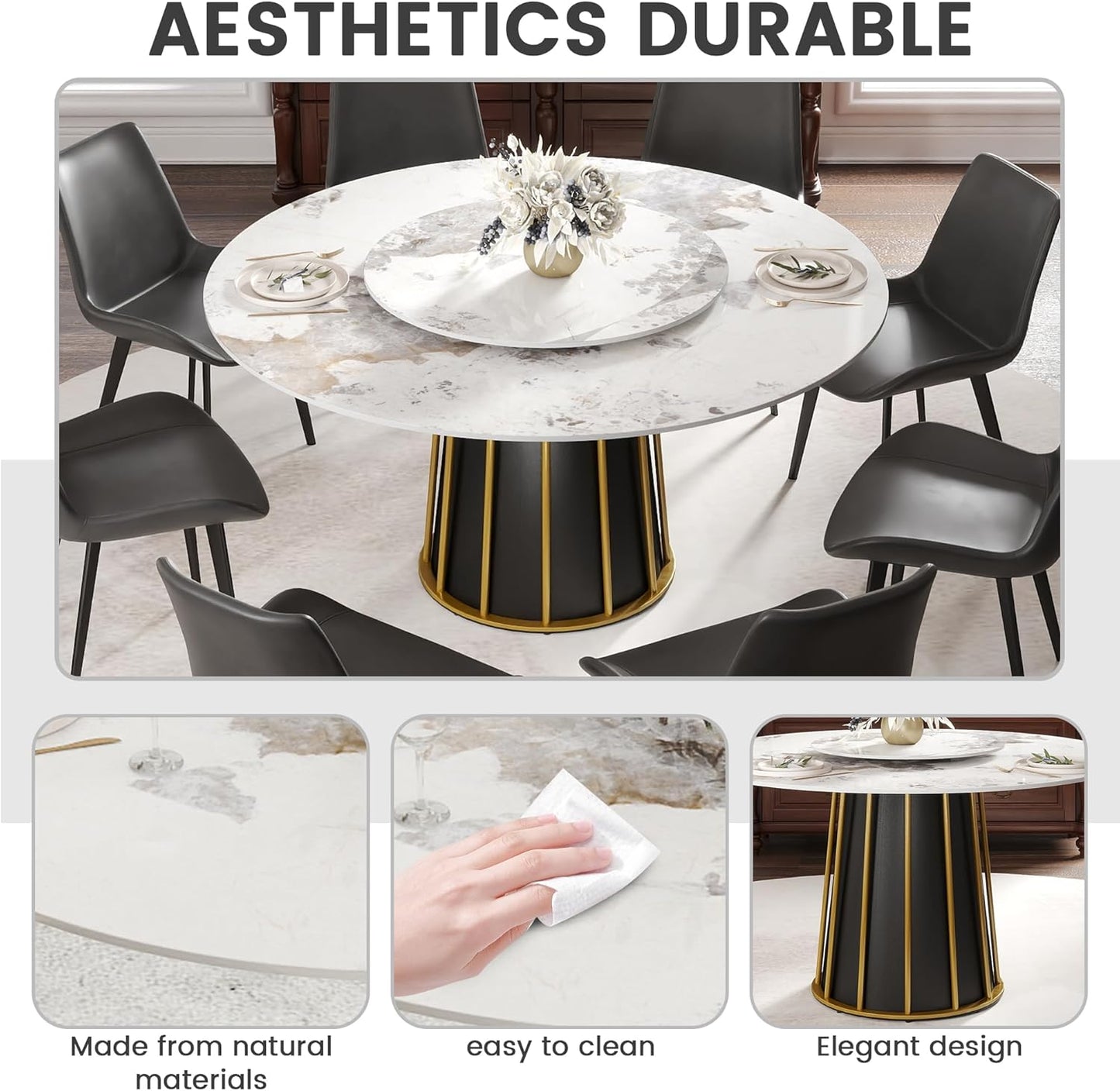 Montary 59" Modern Artificial Marble Round Dining Table with Metal Iron Base & 31.5" White Sintered Stone Turntable, Dining Room Table with Lazy Susan for 6-8 (Only Table)