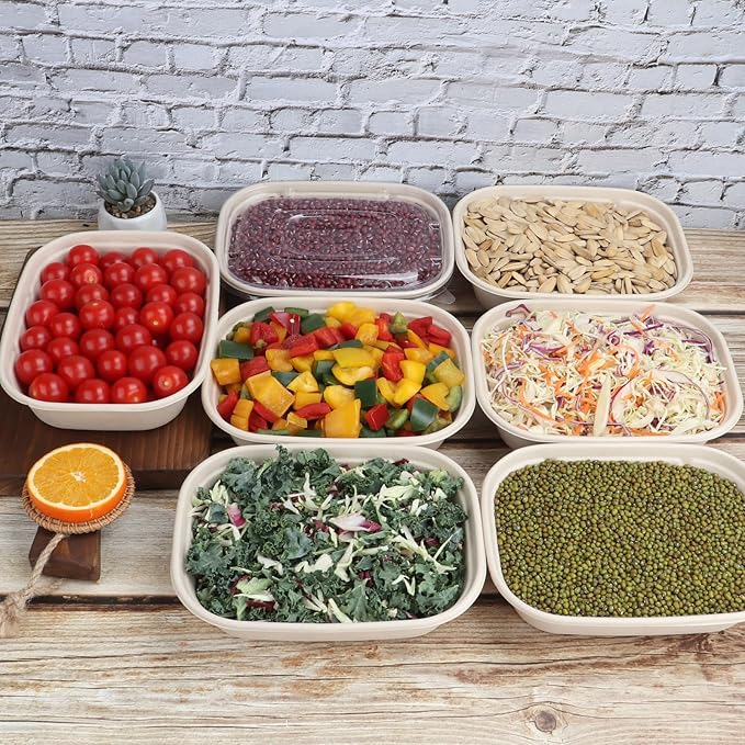 35 oz Disposable salad bowls with lids, Sugarcane Fiber Paper Bowls take away food containers meal prep Plant Fiber deli container 50 Pack