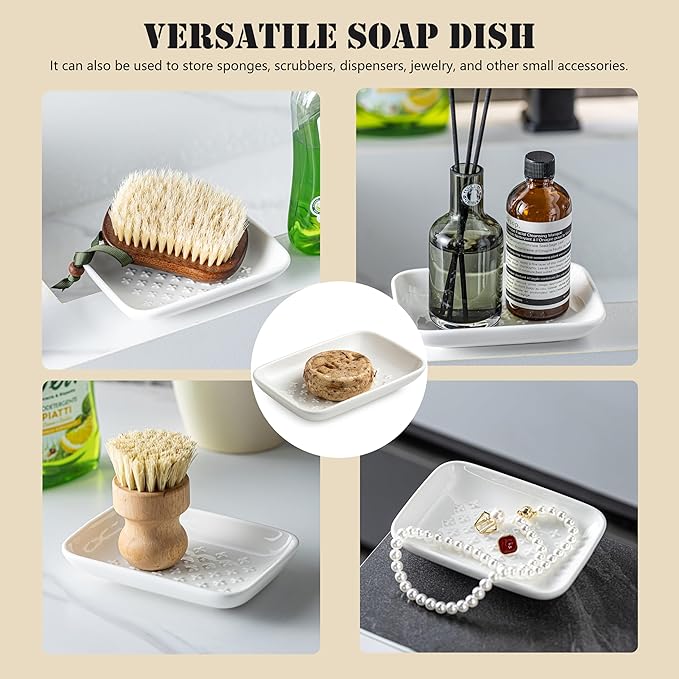 Gomakren Soap Dish, Shower Soap Holder, Ceramic Soap Dishes for Bar Soap Sponge Shampoo, Soap Saver Tray for Bathroom Kitchen Sink Counter, 5.5 Inch, White