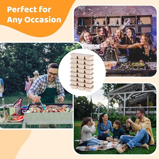 Homaisson 48 Pcs 3 Compartment Paper Food Containers with Lids,Disposable Meal Prep Containers with Clear Lids, Leak-proof Meal Prep Serving Trays, Take Out Food Containers for Party, Picnic, Camping