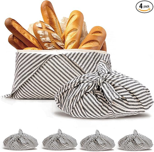 yeload 4 Pack Beeswax Bread Bags, Striped Linen Bento Bags, 14" Cotton Loaf Bag, Reusable Organic Food Storage, Sourdough Bag, Rustic Farmhouse Azuma Bukuro Origami Wrap for Baked Gifts (Black, 4)