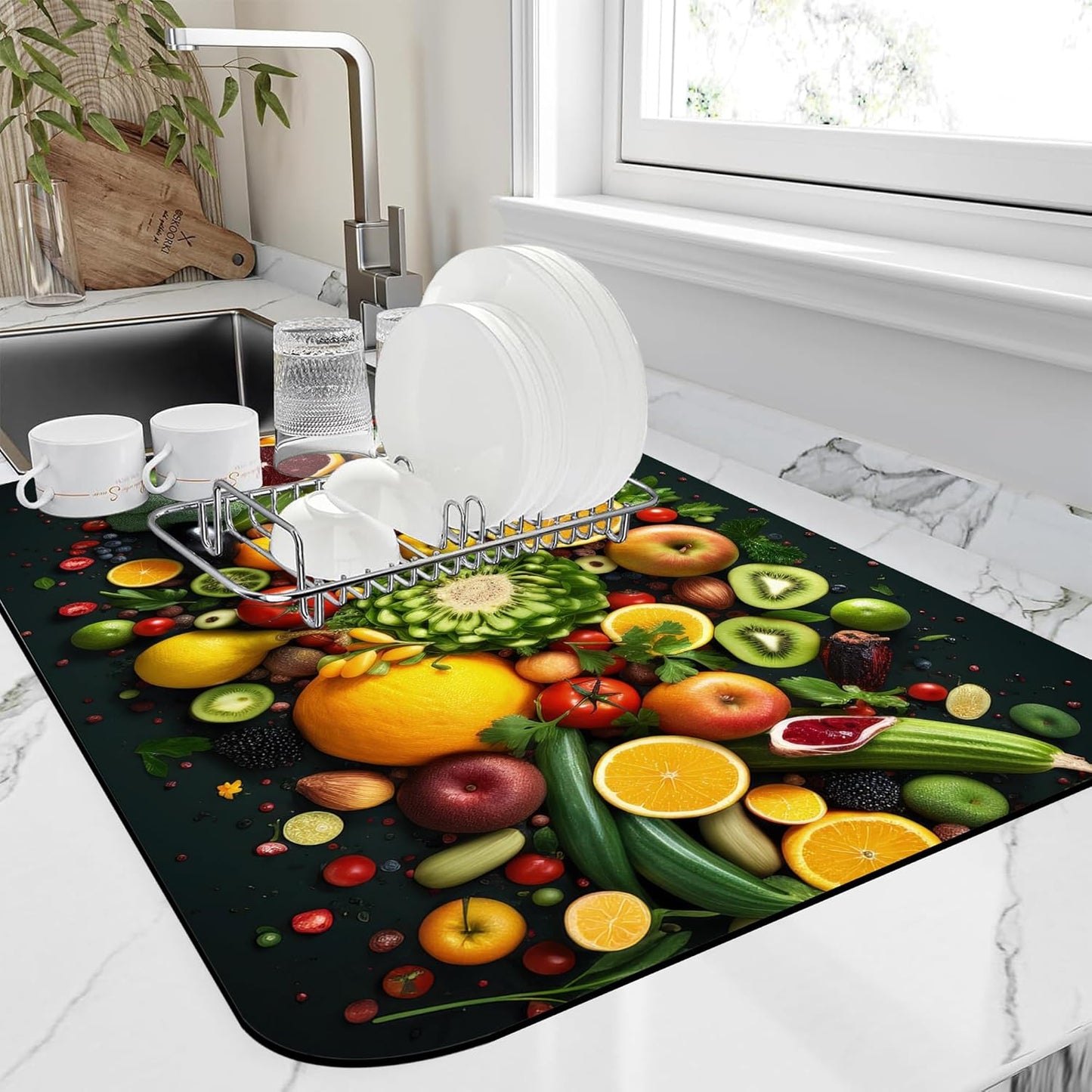 Kitchen Mat Fruits Vegetables Dish Drying Mat 12"x19" Bsorbent Coffee Maker Mat for Sink Dishes or Under Rack Kitchen Counter Accessories Absorbent Hide Stain Rubber Backed Dish Drying Pad