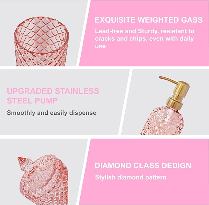 Pink Bathroom Accessories Set, 4Pcs Clear Glass Bathroom Set, Lotion Soap Dispenser, Toothbrush Holder Set, Soap Dish, Qtip Holder for Vintage Crystal Bath Decor, Light Pink