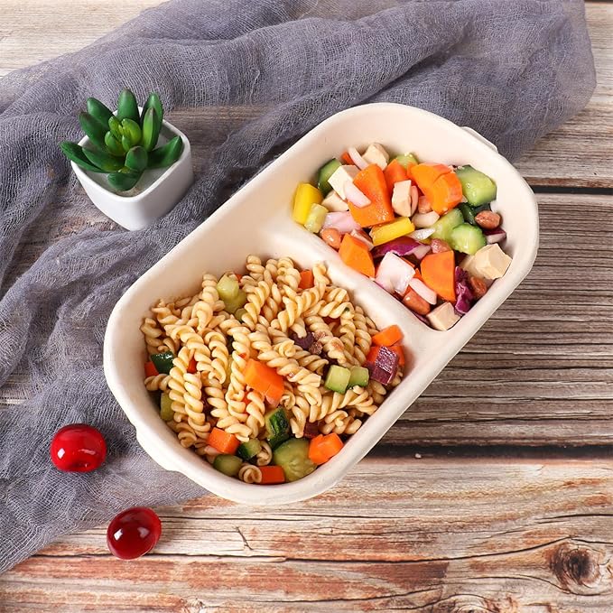 28 oz Disposable bowls with lids, 2 Compartments Sugarcane Fiber Food Container, Food Storage, 50 Pack