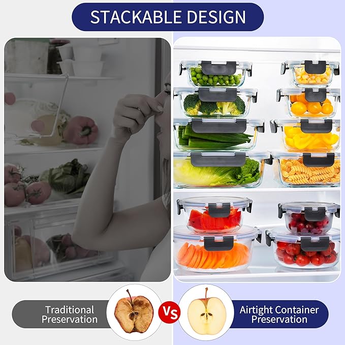 MFY 12-Pack Glass Storage Containers with Lids, Glass Meal Prep Containers Set, Airtight Lunch Containers with Lids, Microwave, Oven, Freezer and Dishwasher Safe, White