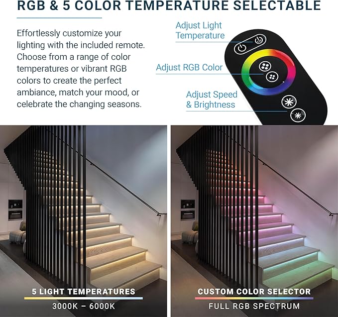 PARMIDA Intelligent Motion Sensor LED Indoor Stair Lighting Kit, RGB & 5CCT Color Selectable, 24" Aluminum Light Bars, Staircase Cascading Style, Remote Control, Dimmable, UL Driver, 100W - 10 Steps