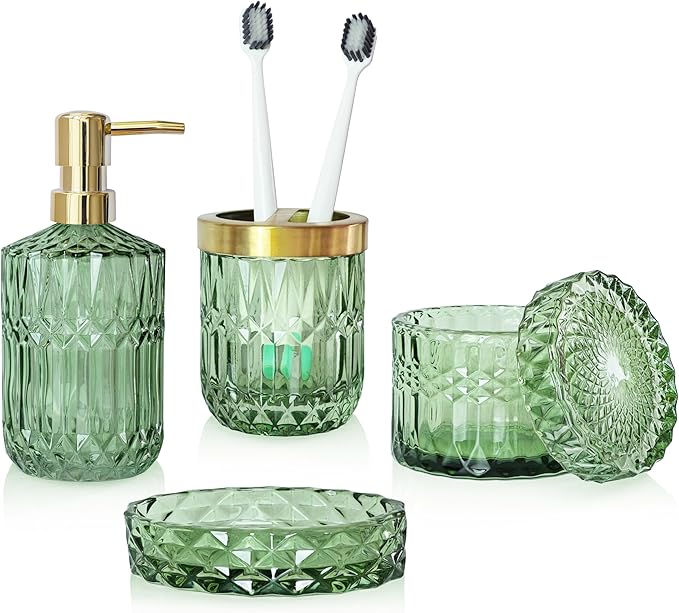 4pcs Green Bathroom Accessories Set, Crystal Glass Bathroom Accessories, Lotion Soap Dispenser, Toothbrush Holder, Soap Dish, Qtips Holder Set for Vintage Bathroom Countertop Decor