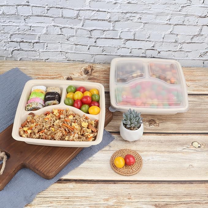 40 oz 3 compartments Square Disposable bowls with lids,Sugarcane Fibers Bowls take away food containers Plant Fibers Freezer Safe 25 Pack