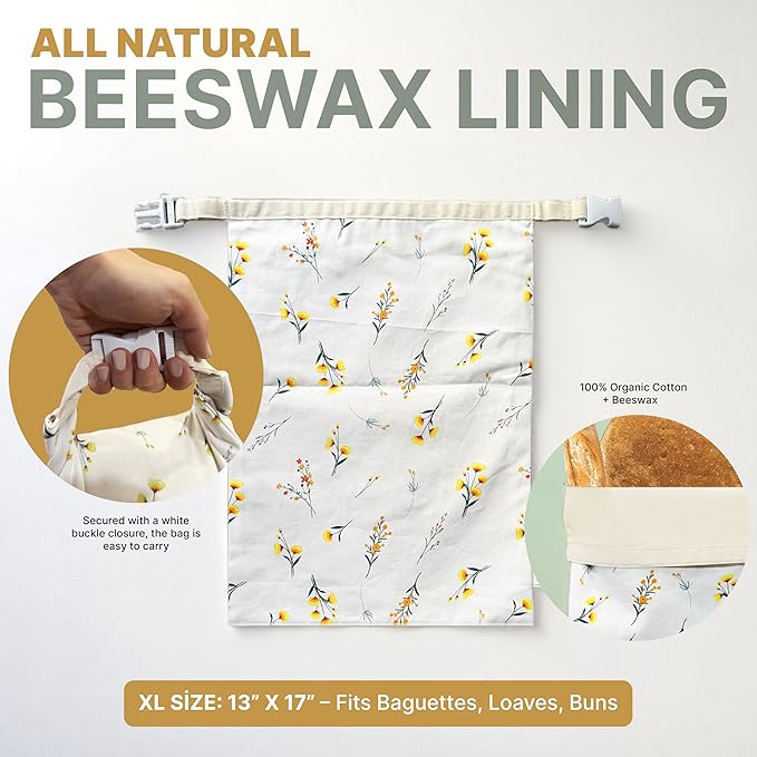 XL Reusable Beeswax Bread Bags (Set of 2) – 100% Cotton & Beeswax Lining – Eco-Friendly - Freezer Safe - Keeps Bread Fresh Longer -Easy to Clean Cloth Bags for Sourdough