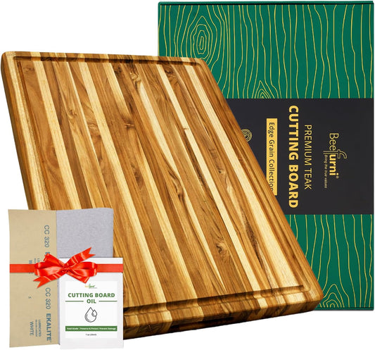 BEEFURNI Teak Wood Cutting Board with Juice Groove Hand Grip (XL, 24x18x1.5"), Wooden Cutting Board for Kitchen, Butcher Block, Charcuterie Boards, Christmas Gifts, 1-year Manufacturer Warranty