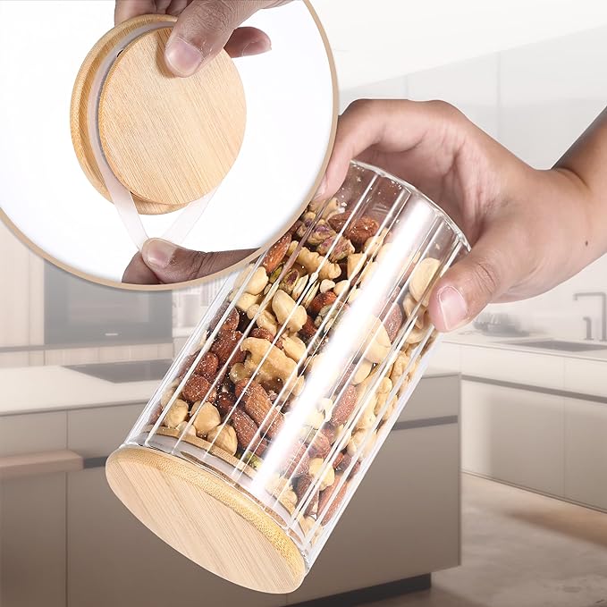 24 FL OZ Airtight Glass Jars with Bamboo Spoons Lids Overnight Oats Container Decorative Coffee Bar Food Storage Jar Cereal Nuts Salts Coffee Tea Flour Sugar Container Spice Jars (2Pack)
