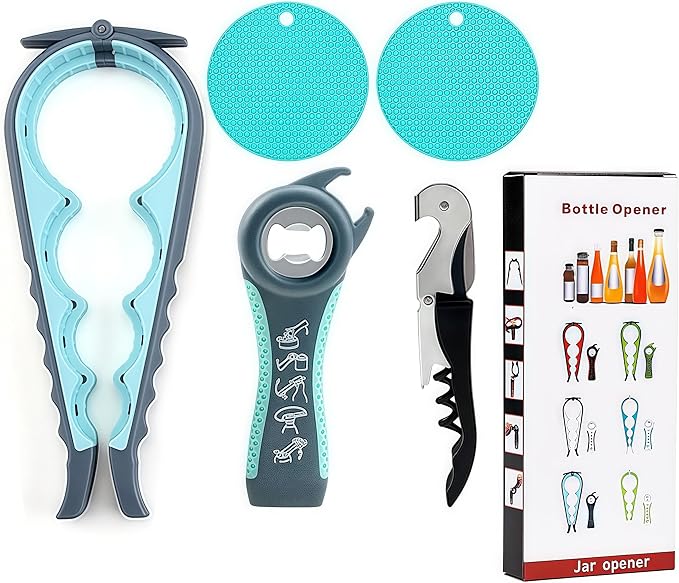 Jar Opener for Weak Hands, Seniors with Arthritis, 5-in-1 Jar & Bottle Opener Easy Grip - Non-Slip Silicone Gripper Pad, Easy Open Can/Lid Opener Set Grey Blue