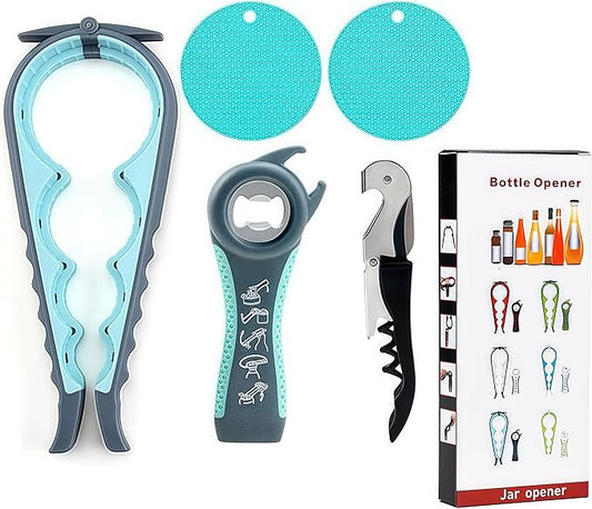 Jar Opener for Weak Hands, Seniors with Arthritis, 5-in-1 Jar & Bottle Opener Easy Grip - Non-Slip Silicone Gripper Pad, Easy Open Can/Lid Opener Set Grey Blue