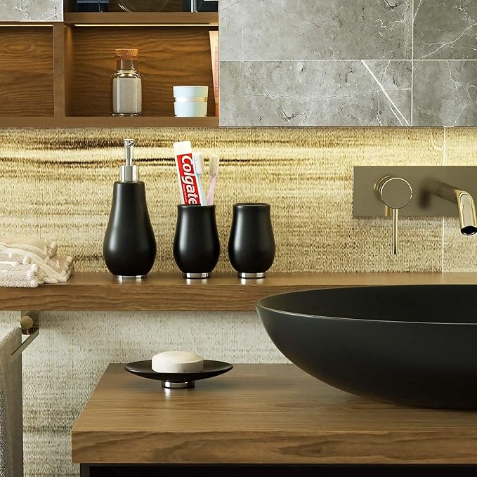 Bathroom Accessories Set 4 Pcs Toothbrush Holder Soap Dispenser Ceramic Bathroom Accessory Set with Toothbrush Cup Soap Dish Tumbler Black