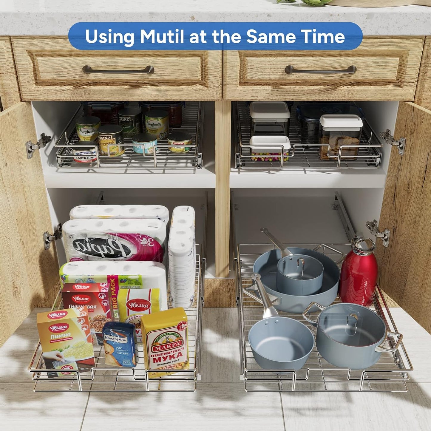 ROOMTEC Pull Out Cabinet Organizer, Cabinet Pull Out Shelves 14" W x 21" D, Heavy Duty Cabinet Drawers Slide Out Kitchen Cabinet Organizers Storage Shelf