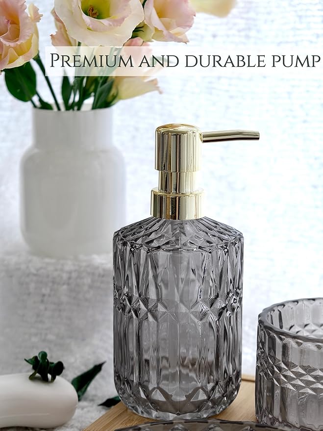 Gray Bathroom Accessories Set, 5Pcs Clear Glass Bathroom Set, Soap Dispenser, Soap Dish, Toothbrush Holder, Cotton Swab Jar, Black and Gold Accent for Crystal Vintage Bathroom Decor