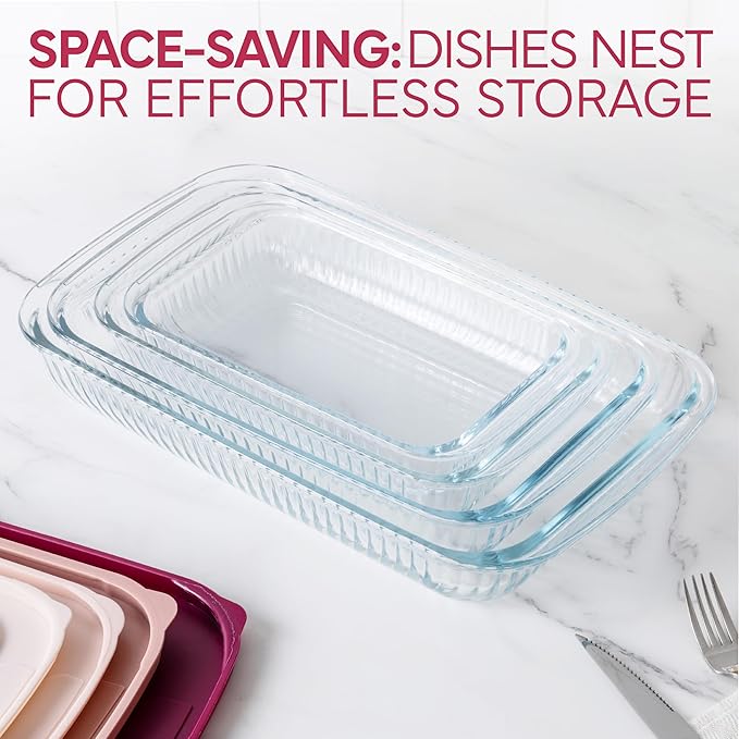 COOK WITH COLOR 8-Piece Deep Glass Baking Dish Set with Plastic Lids – Casserole and Food Storage Containers for Lasagna, Leftovers – Freezer-to-Oven, Microwave & Dishwasher Safe, Fluted Rose