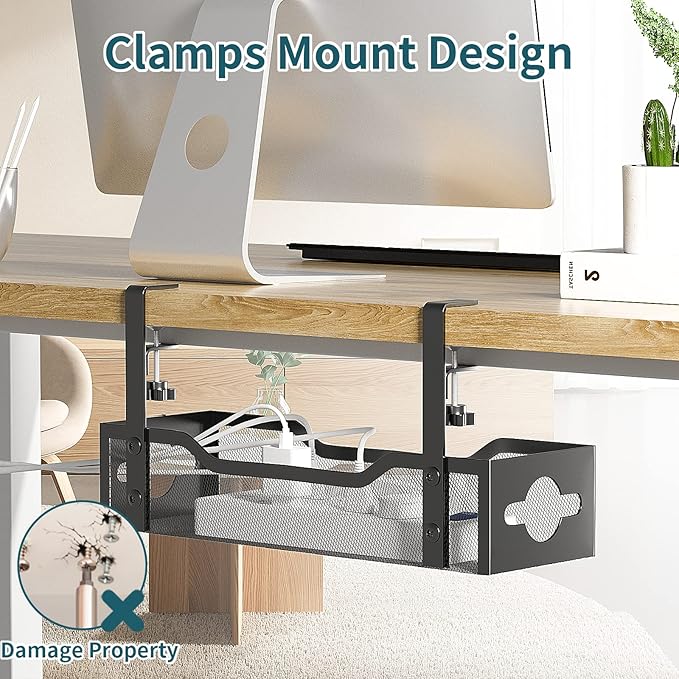 Under Desk Cable Management Tray 2 Pack, Cable Management Under Desk No Drill, Desk Cable Organizer with Clamp Easy to Install for Standing Desk Cord Organizer, Desk Wire Management No Damage to Desk