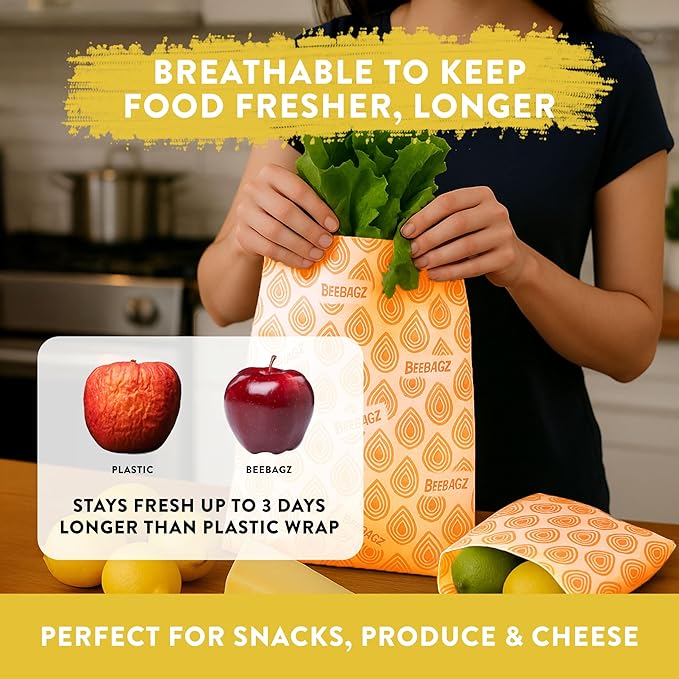 Beeswax Wrap Storage Bag, Reusable Food Storage Bags, Pack of 6, Plastic Free Biodegradable Food Wrap Alternative, Family Pack, 3 Small + 2 Medium + 1 Large, (Orange)