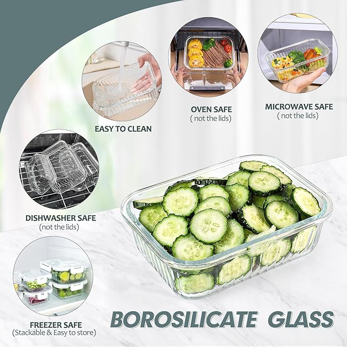 KOMUEE 10 Packs Glass Food Storage Containers Set, Glass Meal Prep Containers with Lids, Airtight Lunch Containers, Microwave, Oven, Freezer and Dishwasher Safe, White