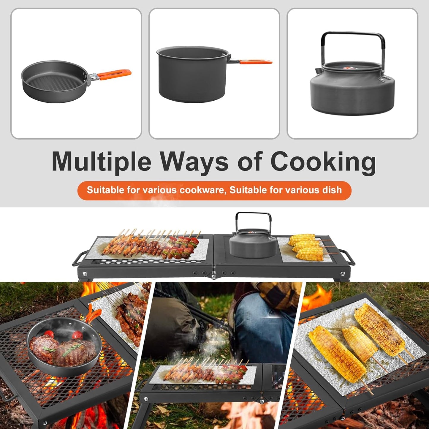 Odoland Folding Campfire Grill, Heavy Duty Steel Mesh Grate with Folding Legs and Storage Bag, Portable Camping Grates, Over Fire Pit Grill Rack for Outdoor Cooking and Bonfire