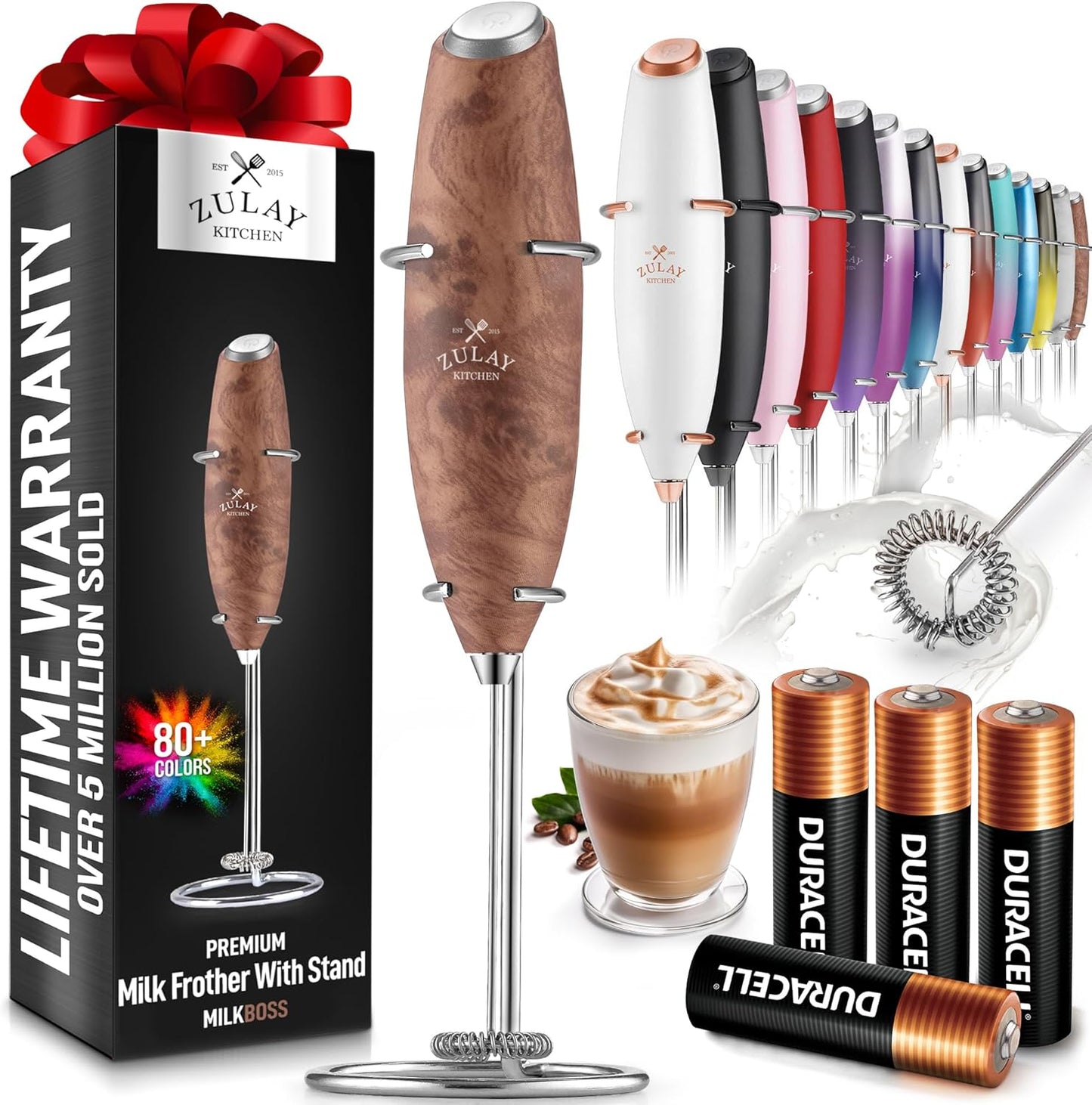 Zulay Kitchen Powerful Milk Frother Wand With 4 AA Duracell Batteries - Ultra Fast Handheld Drink Mixer - Electric Whisk Foam Maker for Coffee, Lattes, Cappuccino, Matcha & Creamer -