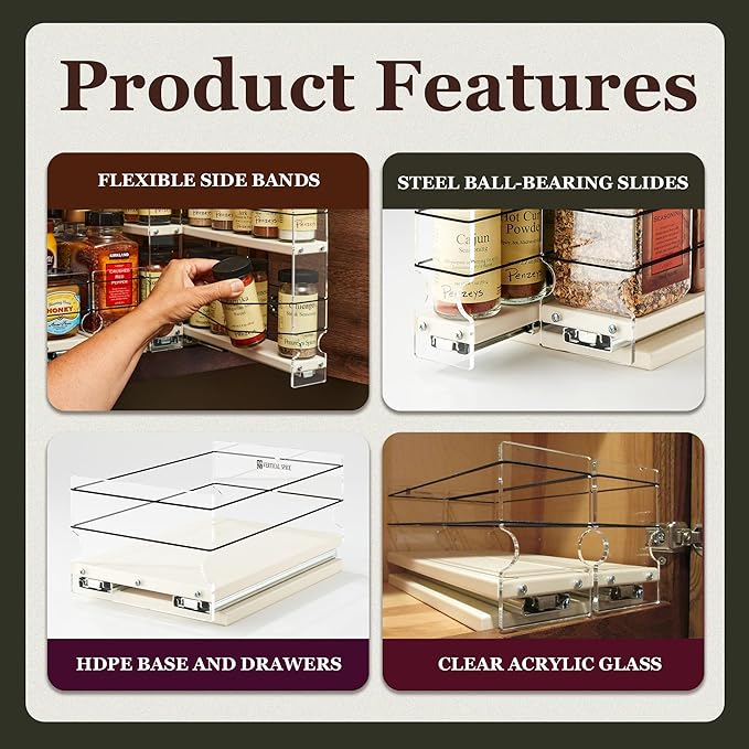 Vertical Spice Narrow Spice Rack -Sliding Spice Jars Organizer - Pantry Organizers & Storage - Slide Out Drawers for Kitchen Cabinets -Seasoning Caddy (2.3" W x 10.75" H x 10.6"D, Partially Assembled)