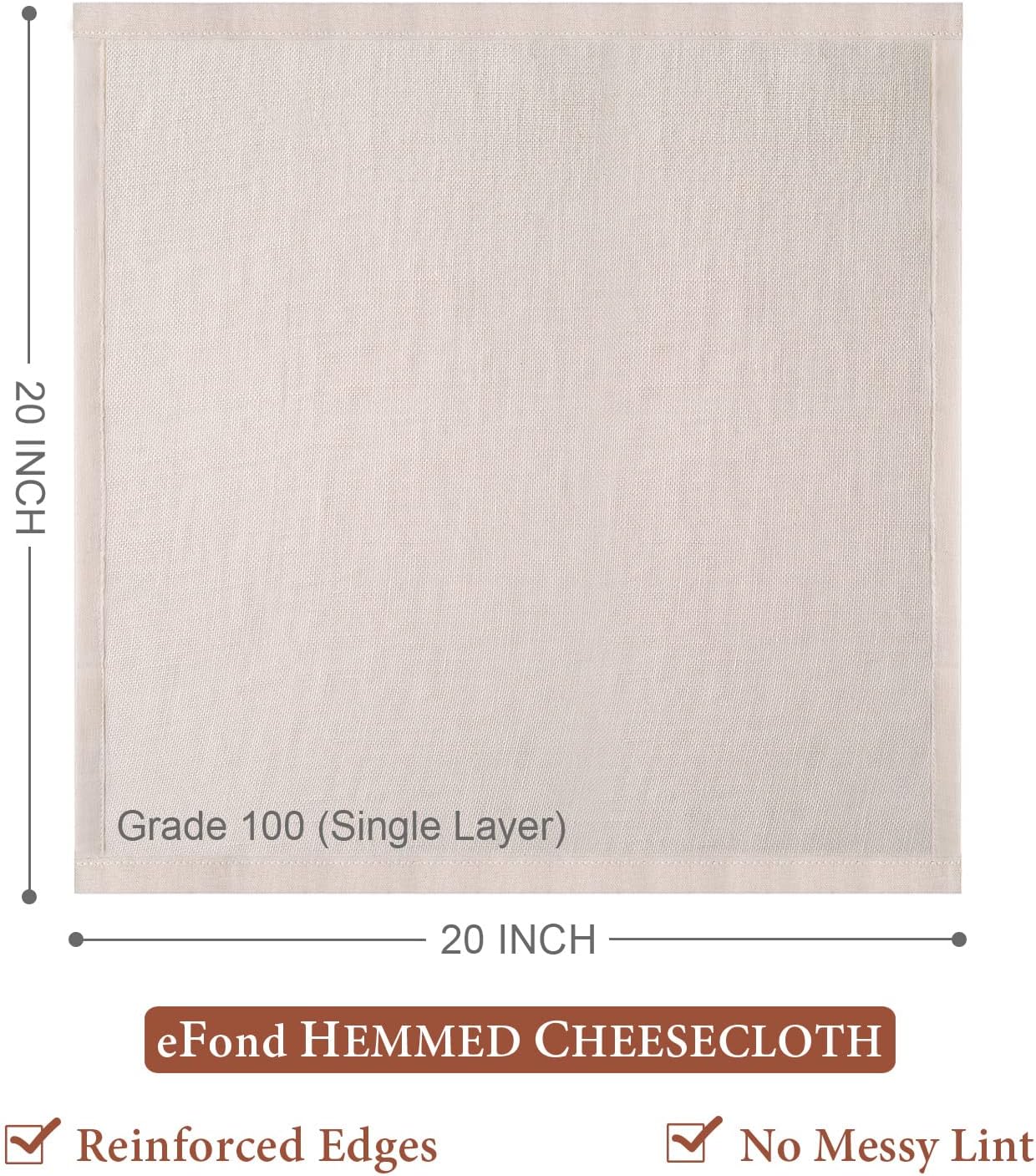 eFond Cheese Cloths | 3-Pack, 20x20Inch Squares with Hemmed Edges | Grade 100 Ultra Fine Reusable Cheesecloth for Straining | Unbleached Cotton Muslin Cloths | For Nut Milk, Butter, Baking & Cooking