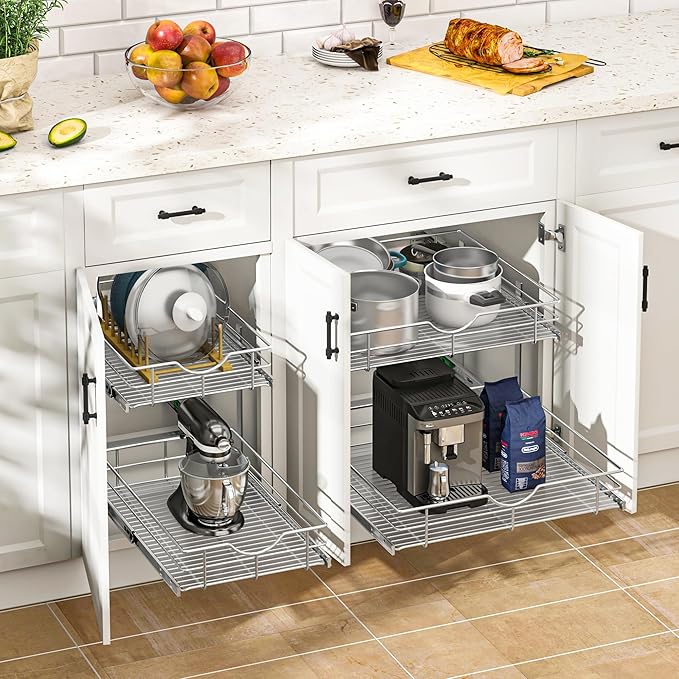 WelFurGeer 2-Tier Stainless Steel Pull Out Cabinet Organizer, Soft Close Damping Slides, Heavy Duty Chrome Plated Wire Basket with Shelf Liner, Perfect for Kitchen Cabinets, Pantry Storage, Under Sink